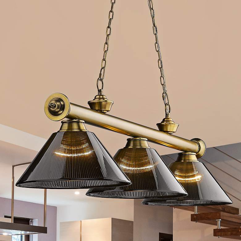 Image 2 Cordon 57 1/4" Wide Rubbed Brass 3-Light Billiard Pendant