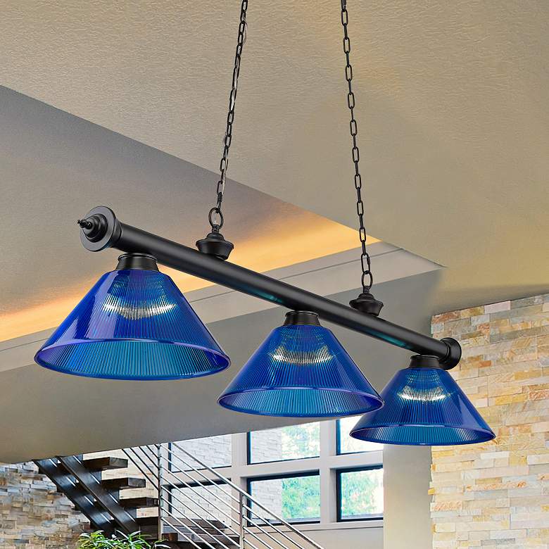 Image 2 Cordon 57 1/4"W Matte Black Blue 3-Light Billiard Pendant