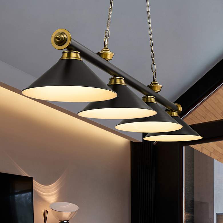 Image 1 Cordon 81 1/4" Wide Black and Brass 4-Light Billiard Pendant