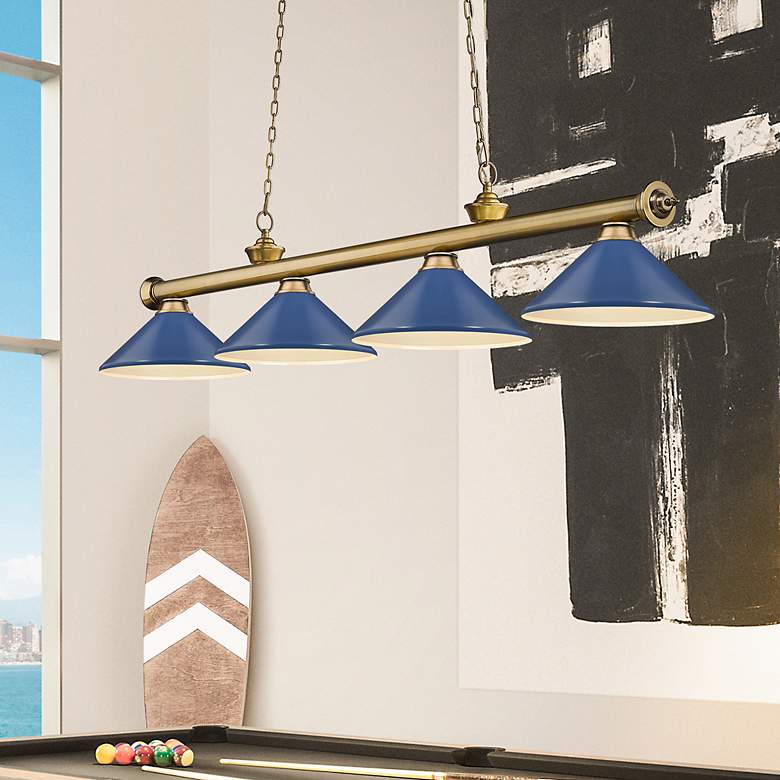 Image 1 Cordon 81 3/4" Wide Rubbed Brass and Blue Billiard Pendant