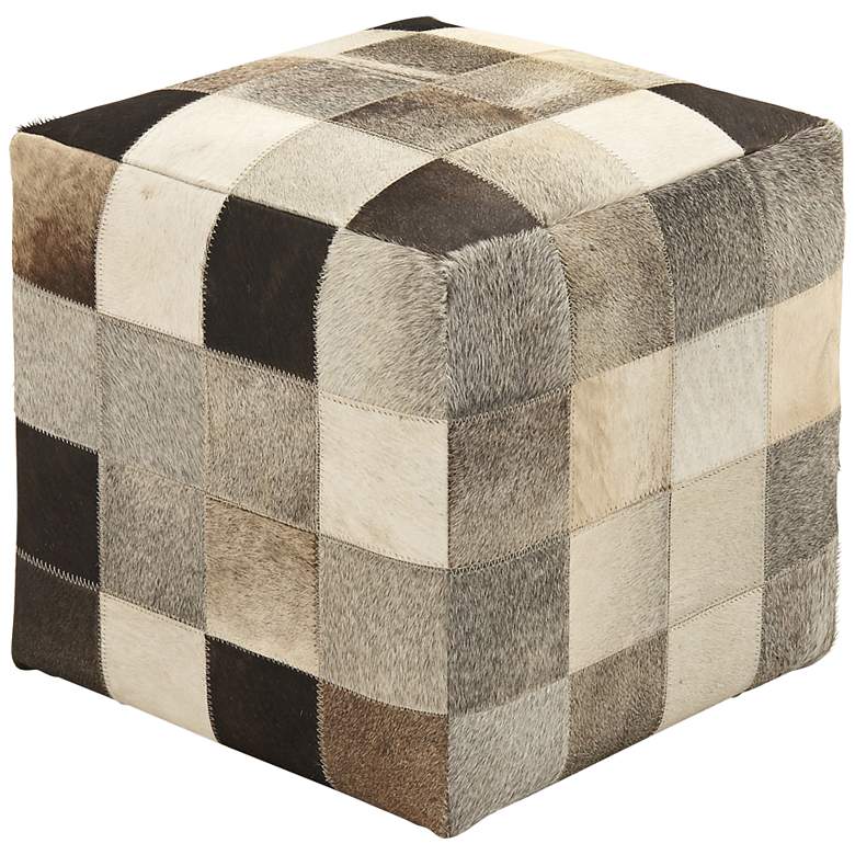 Image 1 Cordova Weathered Brown and Gray Leather Hide Pouf Ottoman