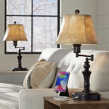 Corey Bronze Swing Arm USB Desk Lamps Set of 2 with Socket