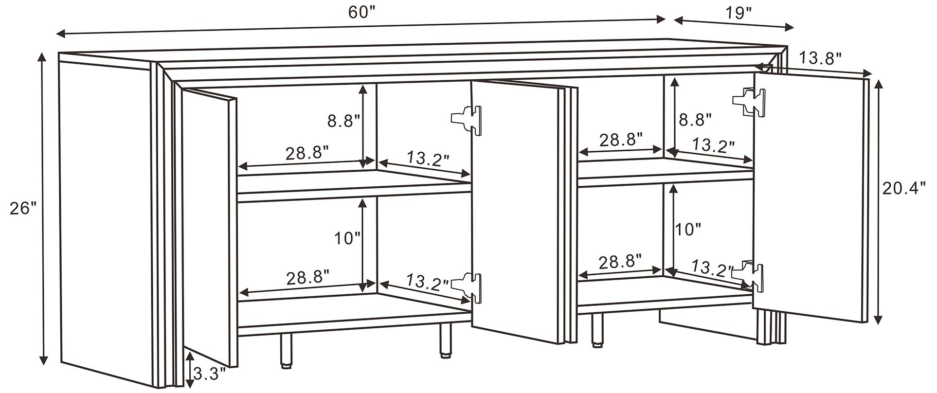 Image 4 Corin Contemporary 60" Sideboard in Brown (4-Door) more views