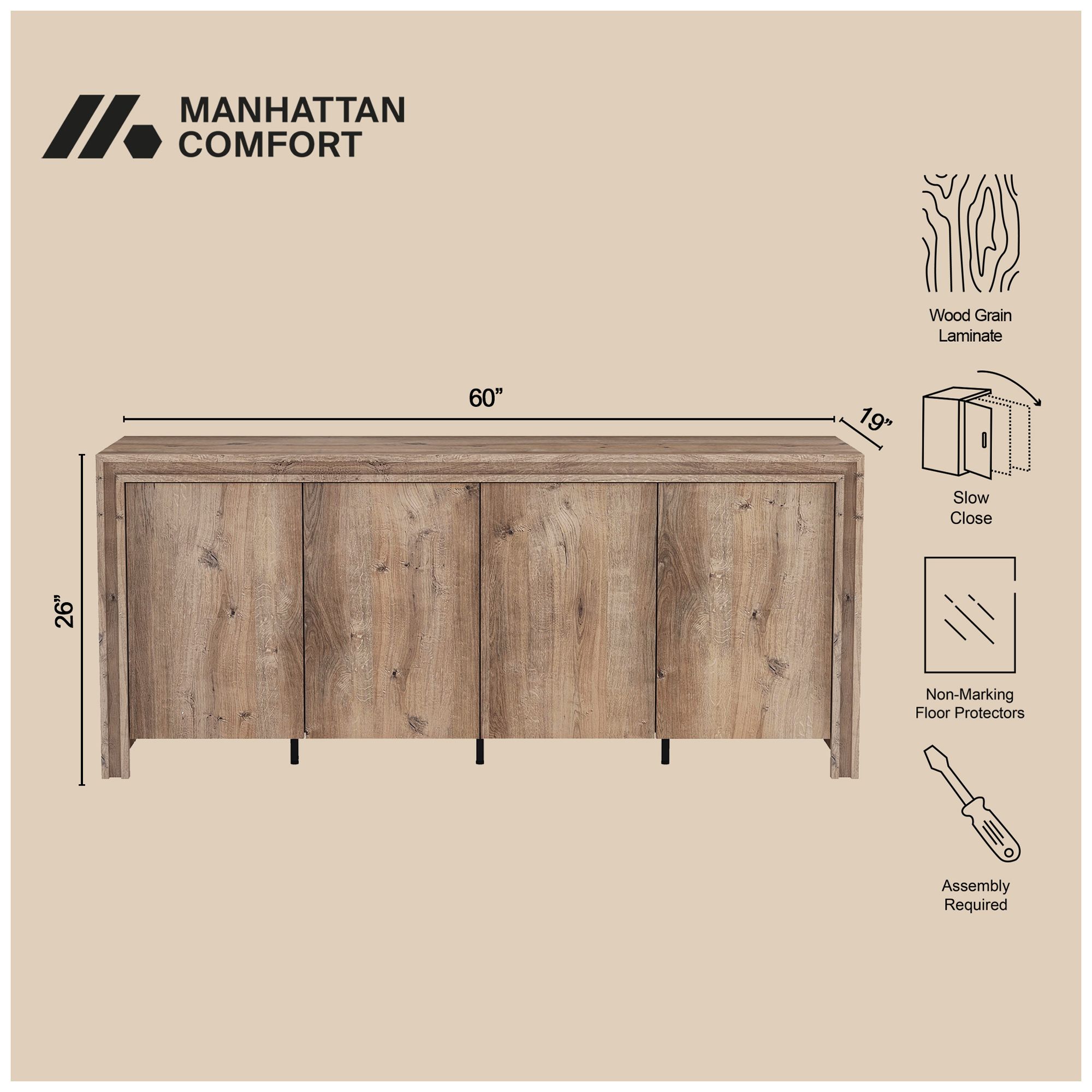 Image 5 Corin Contemporary 60" Sideboard in Brown (4-Door) more views