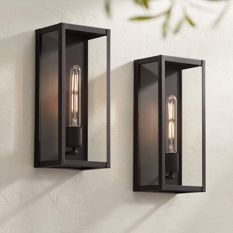 Image 1 Cornell 14 1/4 inch High Sand Black Box Outdoor Wall Light Set of 2