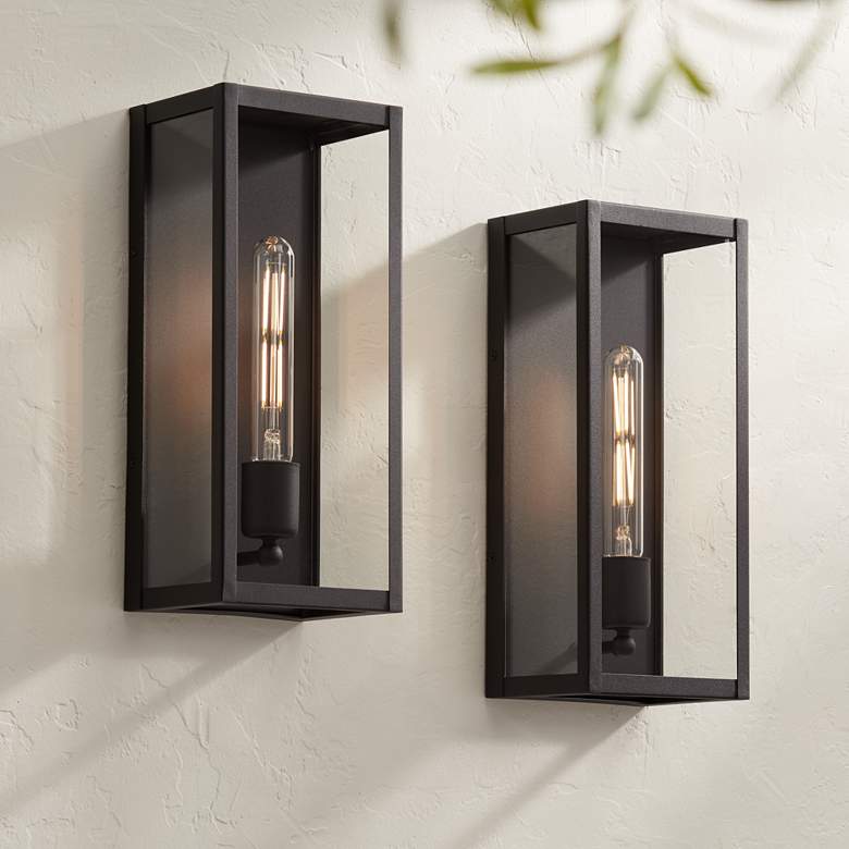 Image 1 Cornell 14 1/4" High Sand Black Box Outdoor Wall Light Set of 2