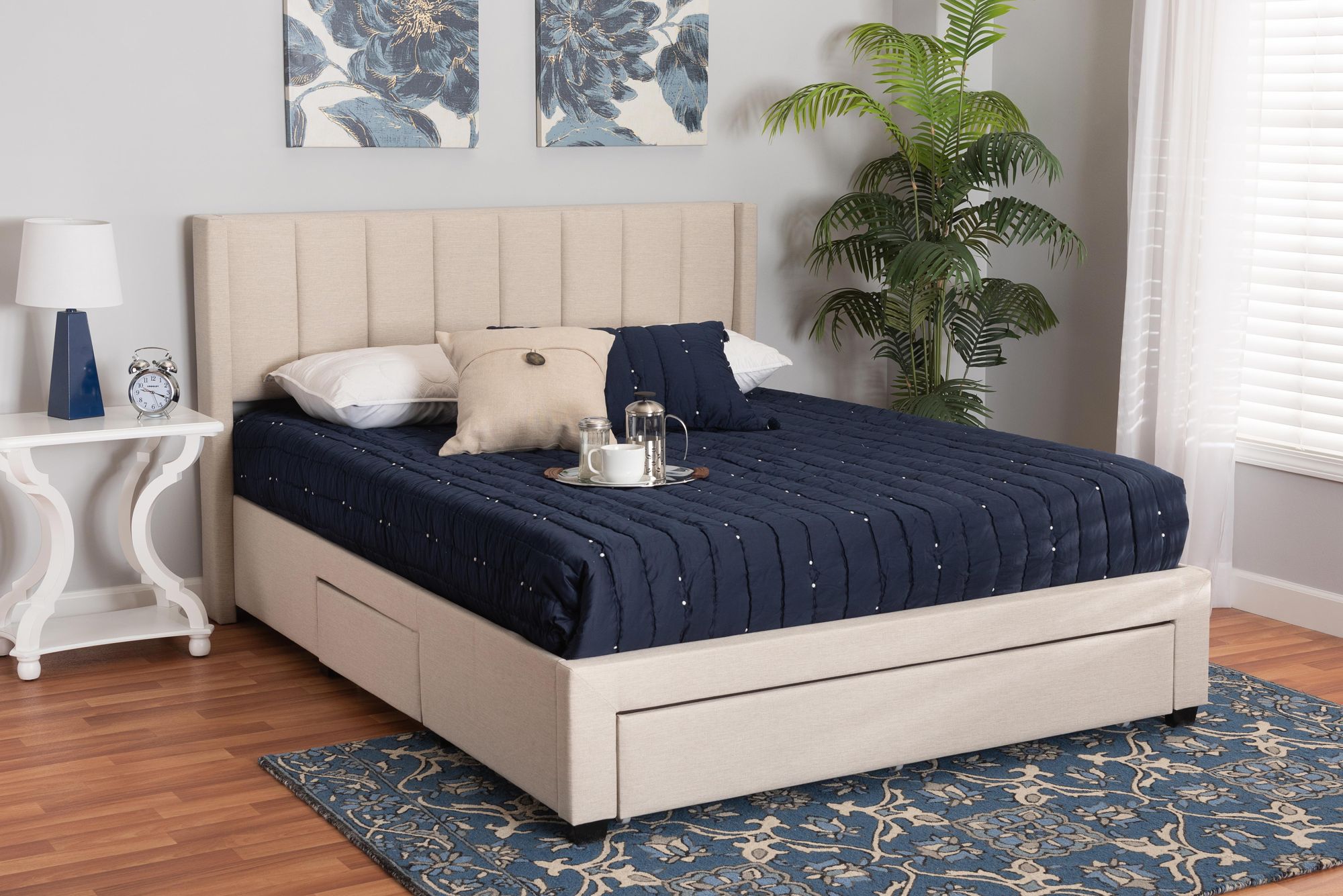 Coronado Beige Tufted Fabric 3-Drawer Full Platform Bed