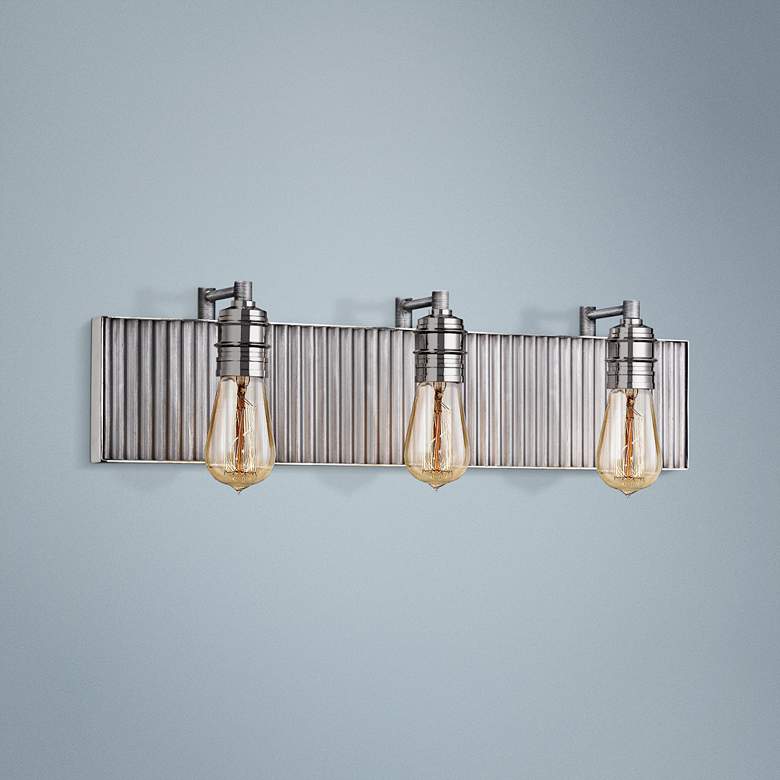 Image 1 Corrugated Steel 24 inchW Weathered Zinc and Nickel Bath Light