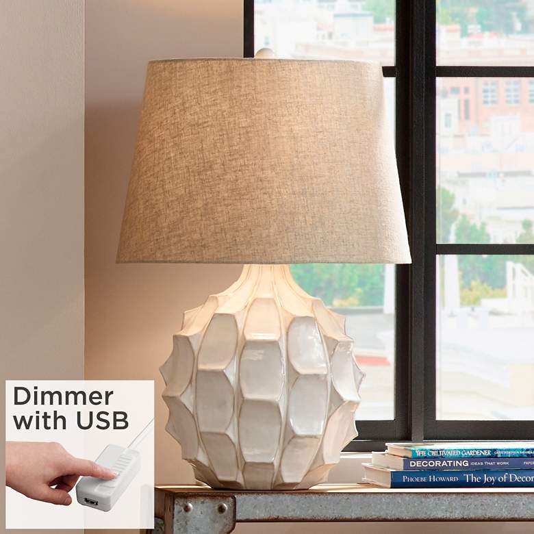 Image 1 Cosgrove Round White Ceramic Modern Table Lamp With USB Dimmer