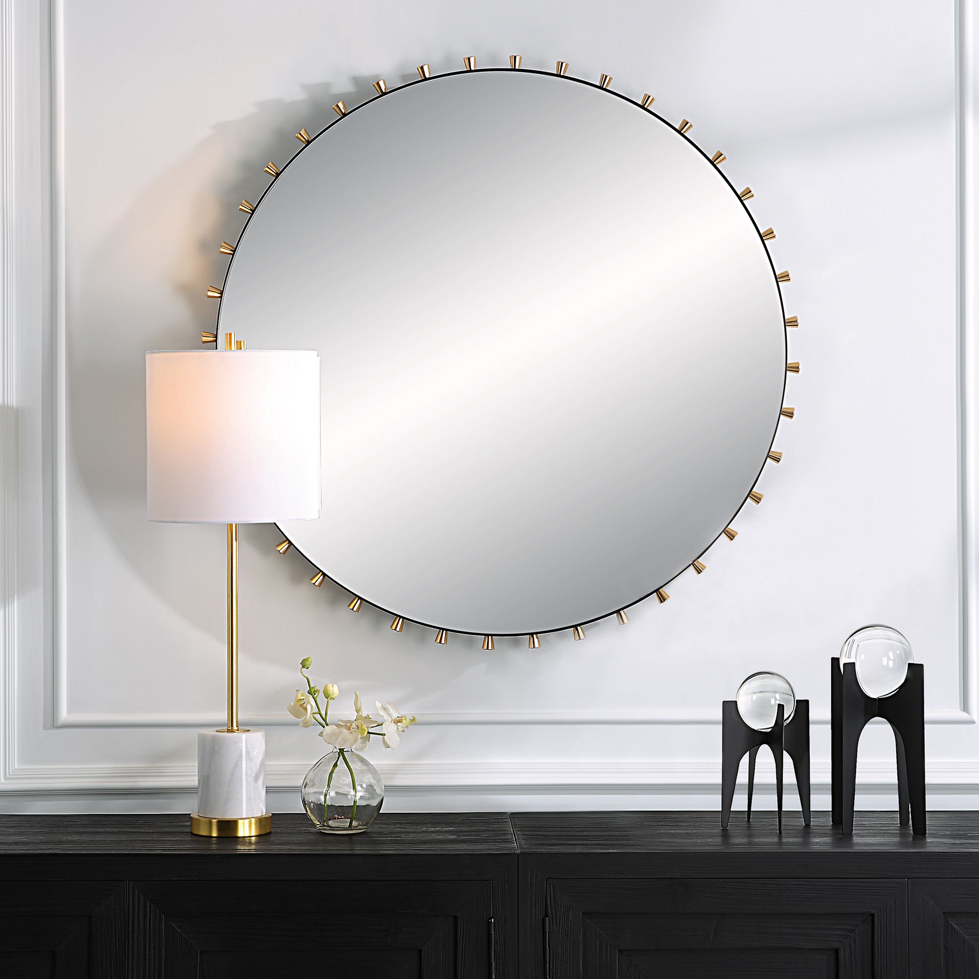 Cosmopolitan Matte Black and Brass 37 1/2" Round Wall Mirror in scene