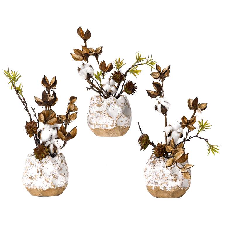 Image 1 Cotton Branches 14 inchH Faux Plant in Ceramic Planters Set of 3