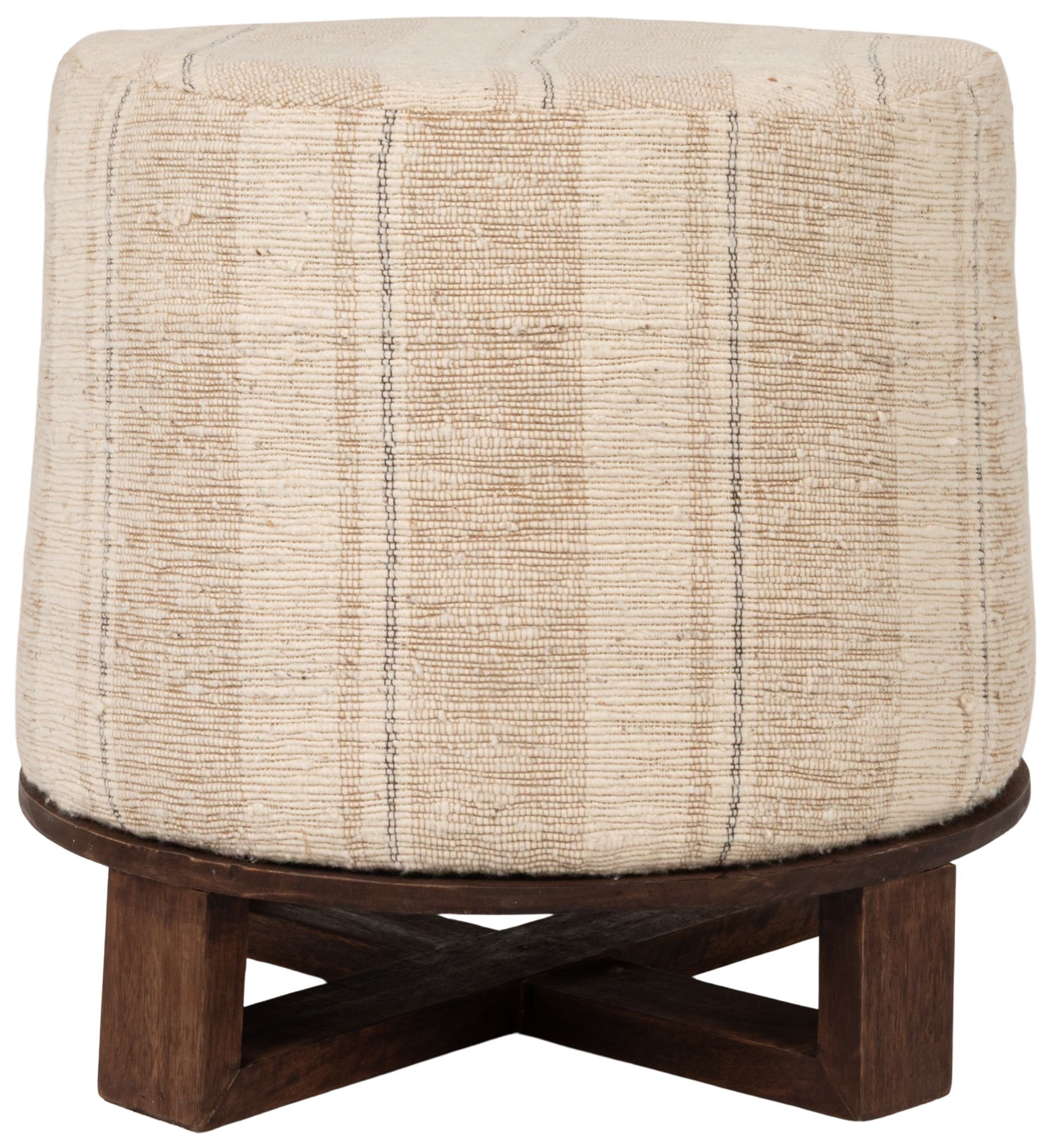Image 2 Cotton Woven Round Ottoman Stool in Striped Upholstery with Dark Wood Base