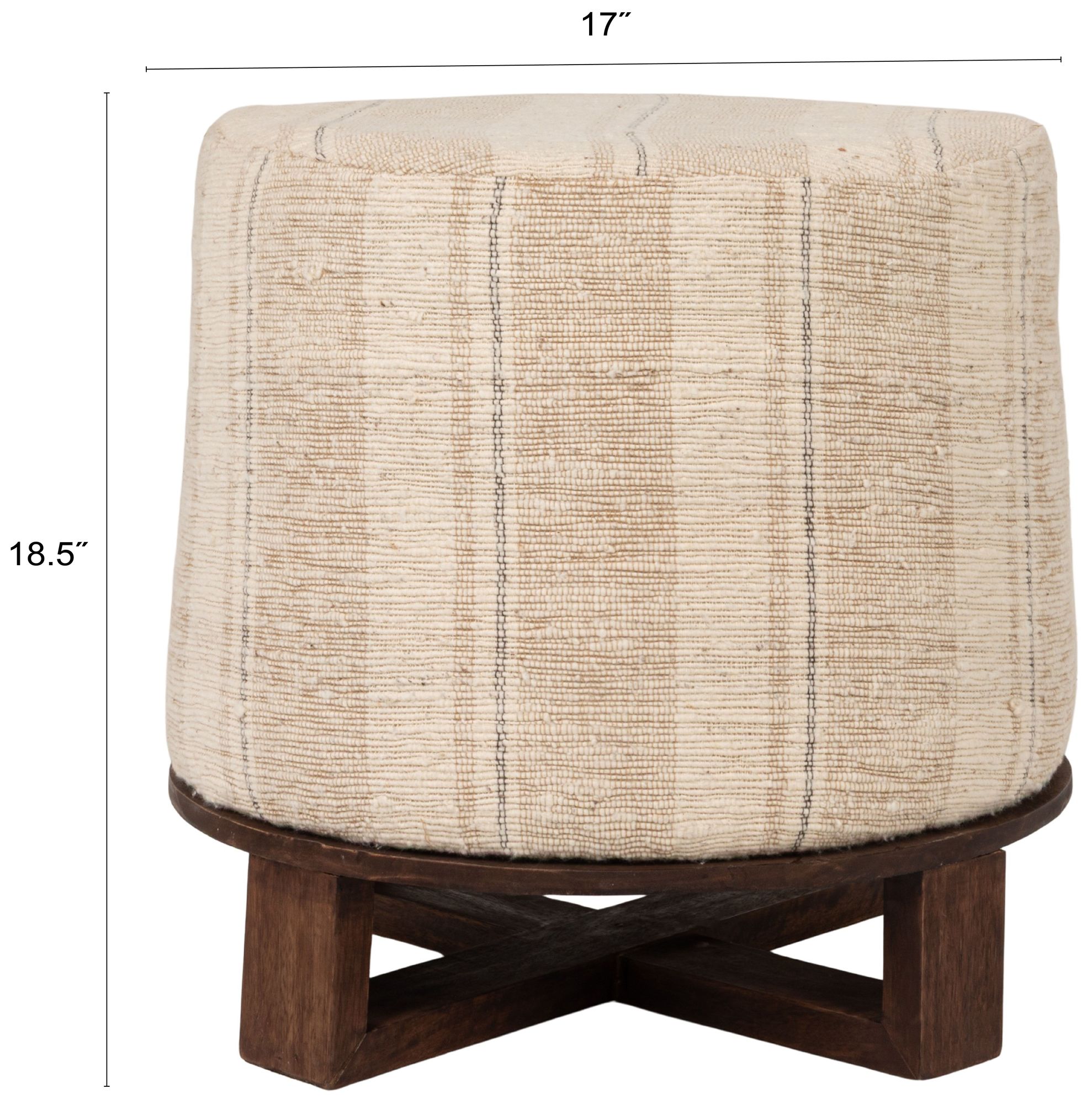 Image 3 Cotton Woven Round Ottoman Stool in Striped Upholstery with Dark Wood Base more views