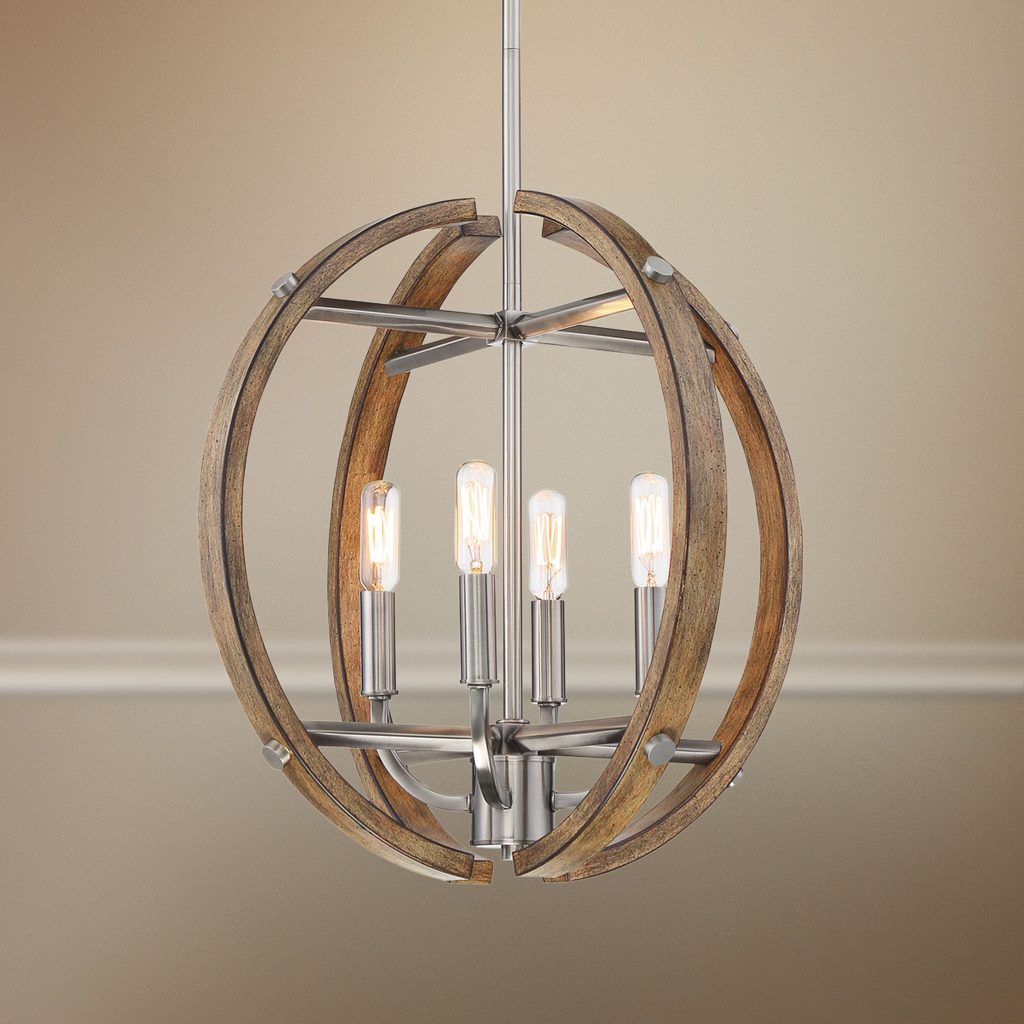 brushed nickel and wood pendant light