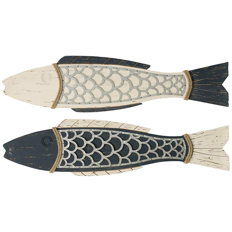 Image 1 Couple of Fish Rustic Blue and White Wood Wall Art Decor - Set of 2