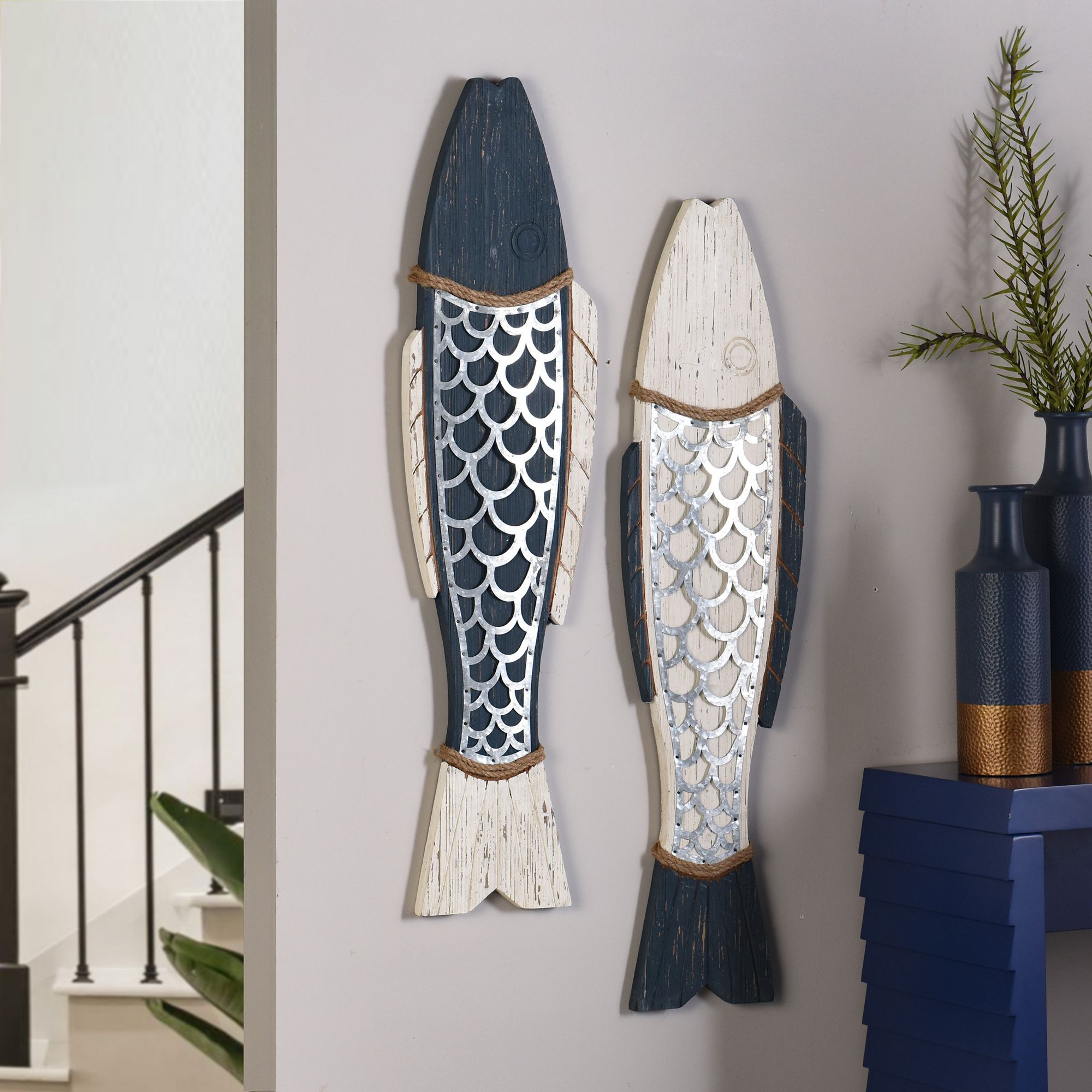 Couple of Fish Rustic Blue and White Wood Wall Art Decor - Set of 2