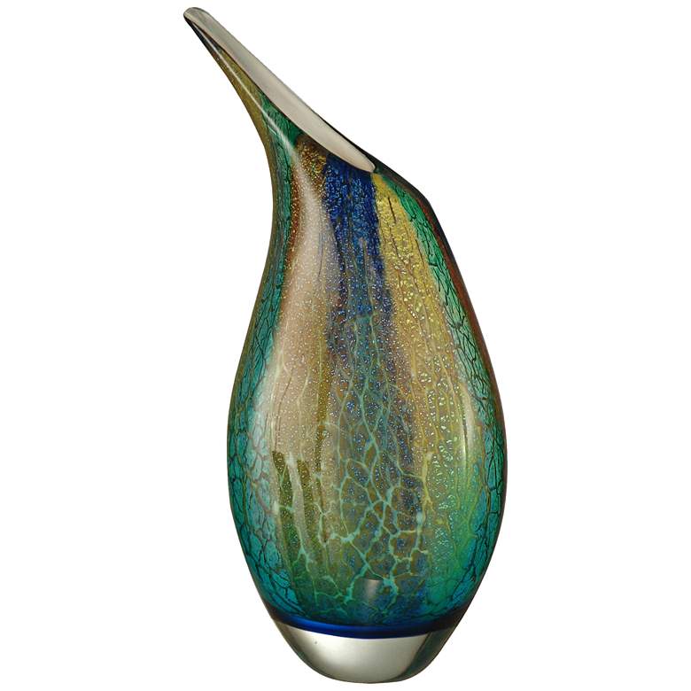 Image 1 Crackle Multi-Color Green 16 1/2 inch High Art Glass Vase