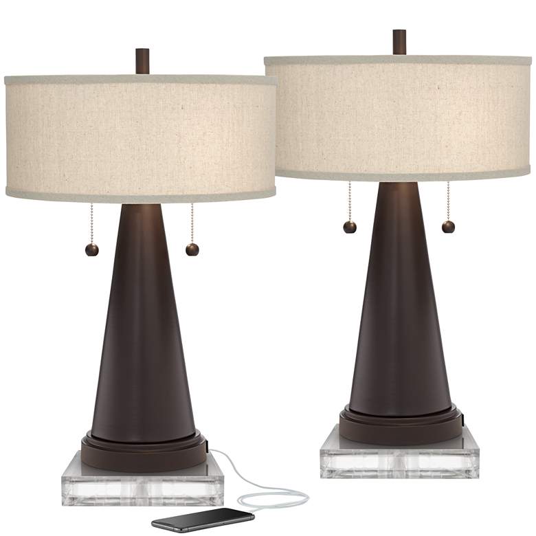 Image 1 Craig Bronze Table Lamps With USB With 8 inch Square Risers