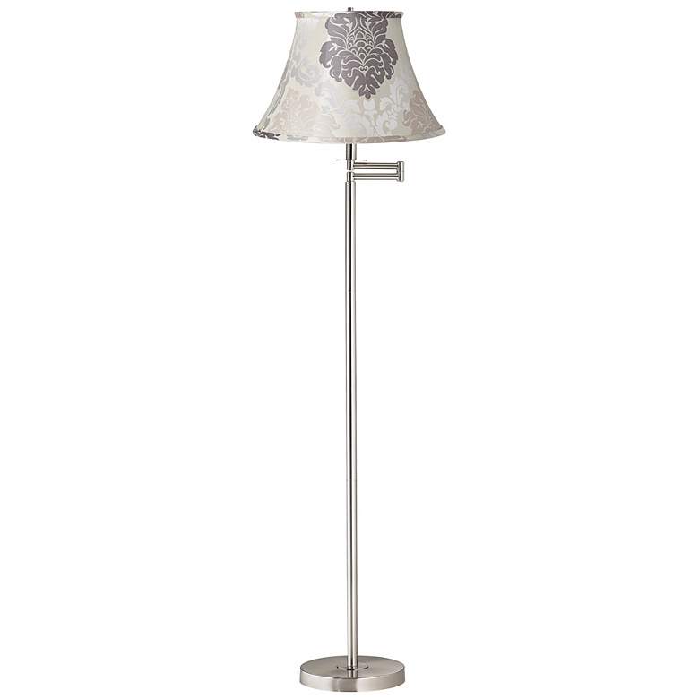 Image 1 Cream and Gray Floral Brushed Nickel Swing Arm Floor Lamp