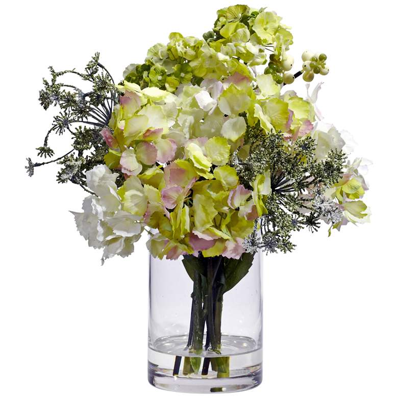 Image 1 Cream and Green Hydrangea 14" High Faux Flowers in Vase