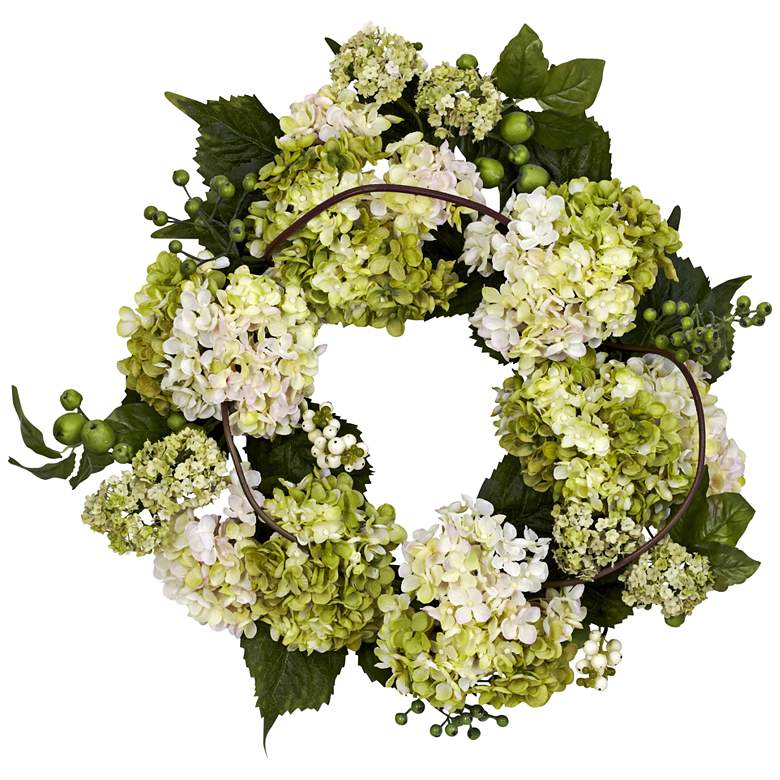 Cream and Green Hydrangea 22&quot; Round Faux Flower Wreath
