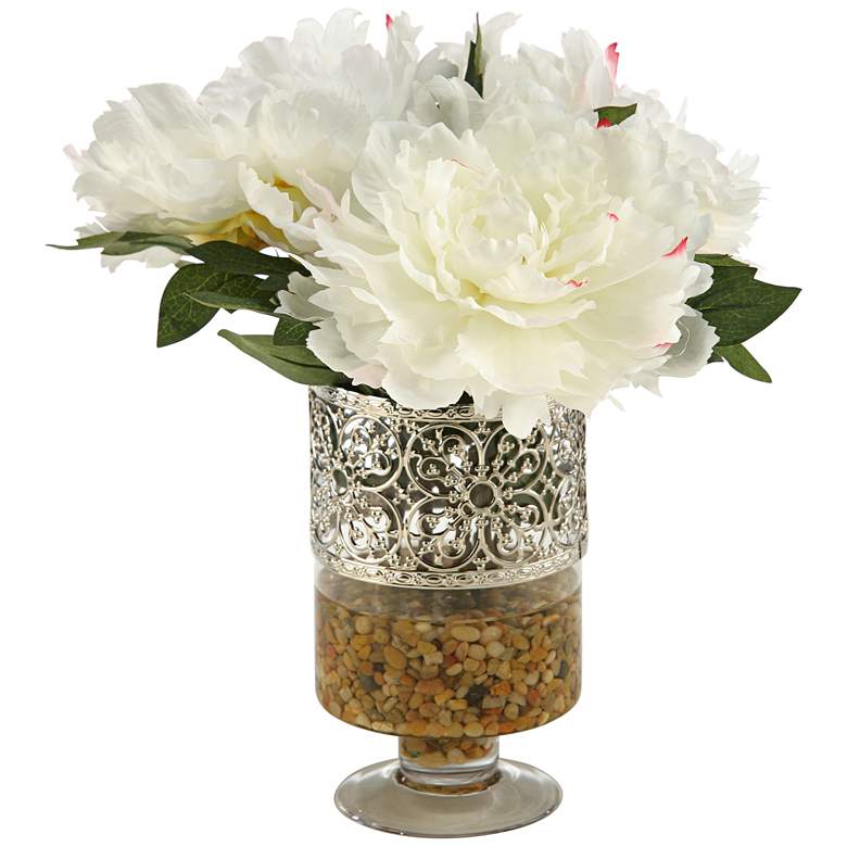 Image 1 Cream and Pink Peonies 14 1/2 inchH Faux Flowers in Vase