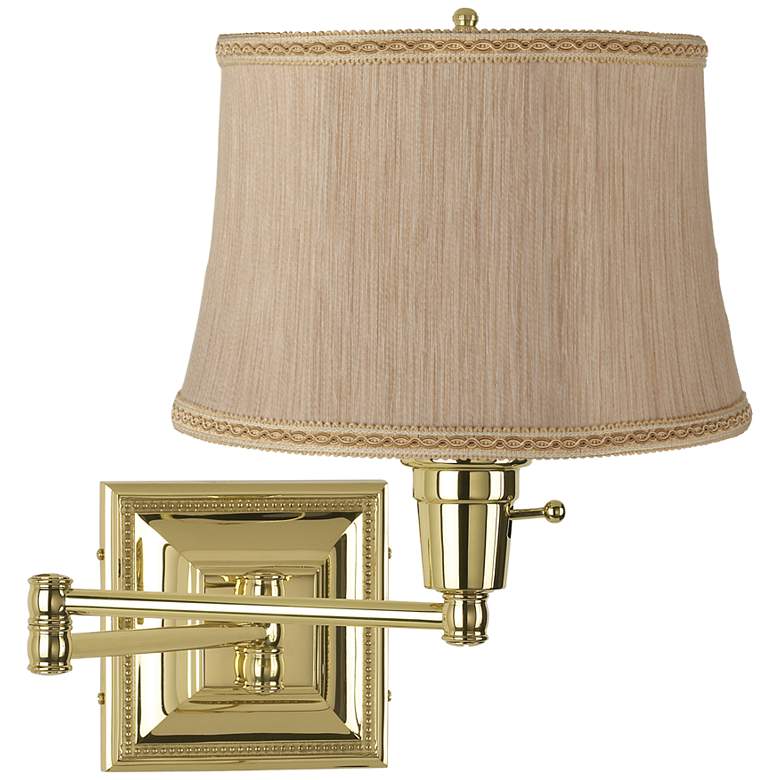 Image 1 Cream Braids Shade Brass Beaded Plug-In Swing Arm Wall Lamp
