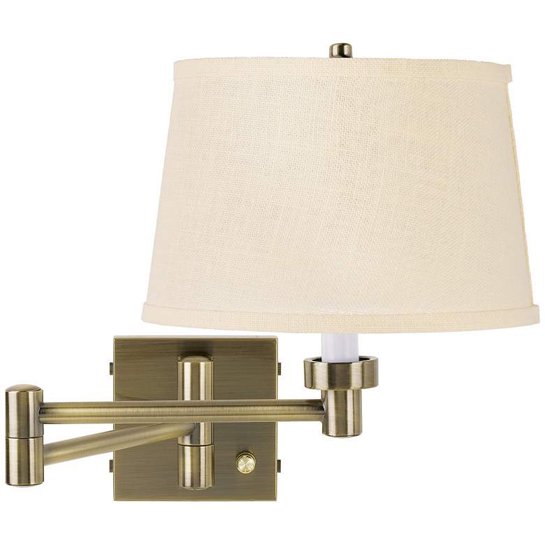 Image 1 Cream Burlap Shade Antique Brass Plug-In Swing Arm Wall Lamp