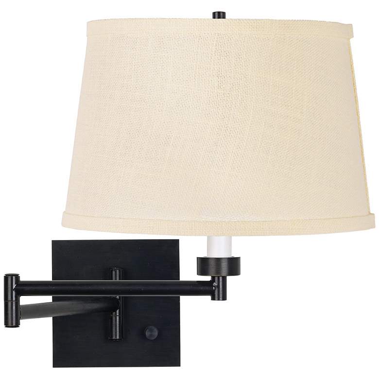 Image 1 Cream Burlap Shade Espresso Plug-In Swing Arm Wall Lamp