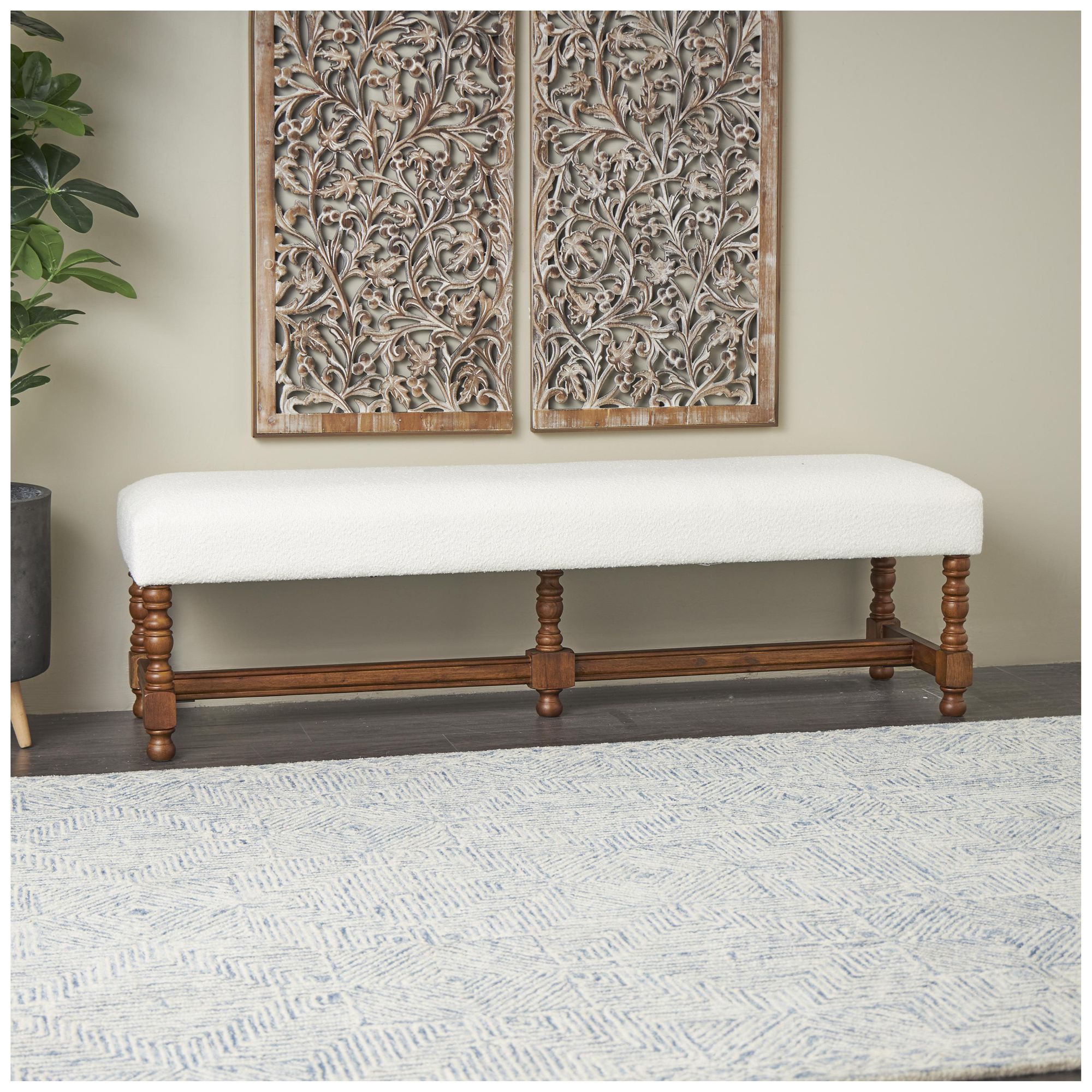 Image 4 Cream Fabric Traditional Bench, 59" x 16" x 17" more views