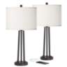 Cream Faux Silk and Dark Bronze USB Table Lamps Set of 2