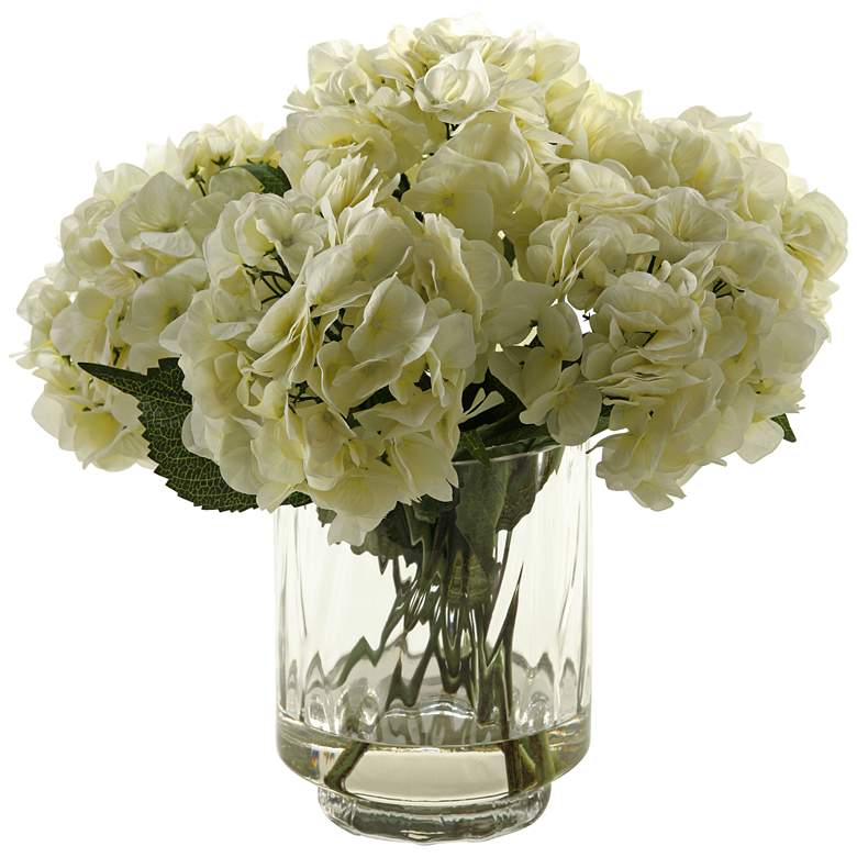 Image 1 Cream Hydrangeas 17 1/2 inchH Faux Flowers in Glass Vase