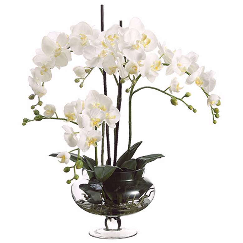 Image 1 Cream Orchids in Clear Glass Vase 25 inch High Faux Flowers
