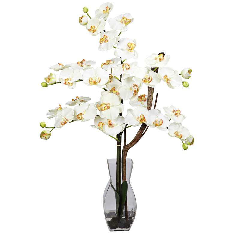 Image 1 Cream Phalaenopsis Orchid 29"H Faux Flowers in Glass Vase