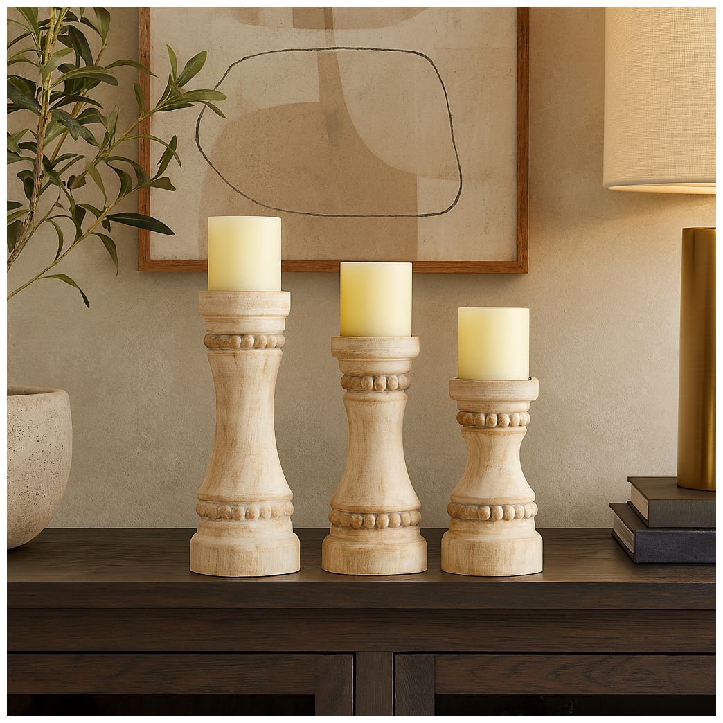 Image 4 Cream Wood Farmhouse Candle Holder, S/3 12", 9", 7"H more views