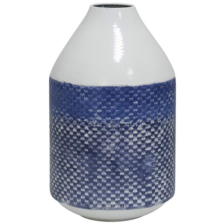 Cree - 14&quot; Checkered Cylinder Metal Vase - White and Blue Distressed F