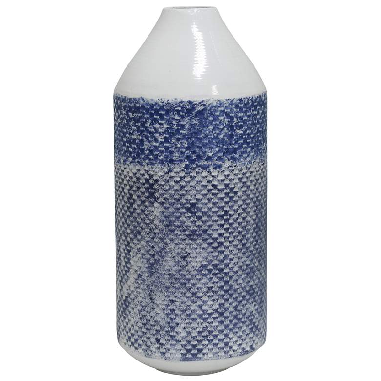 Cree - 20&quot; Checkered Cylinder Metal Vase - White and Blue Distressed F