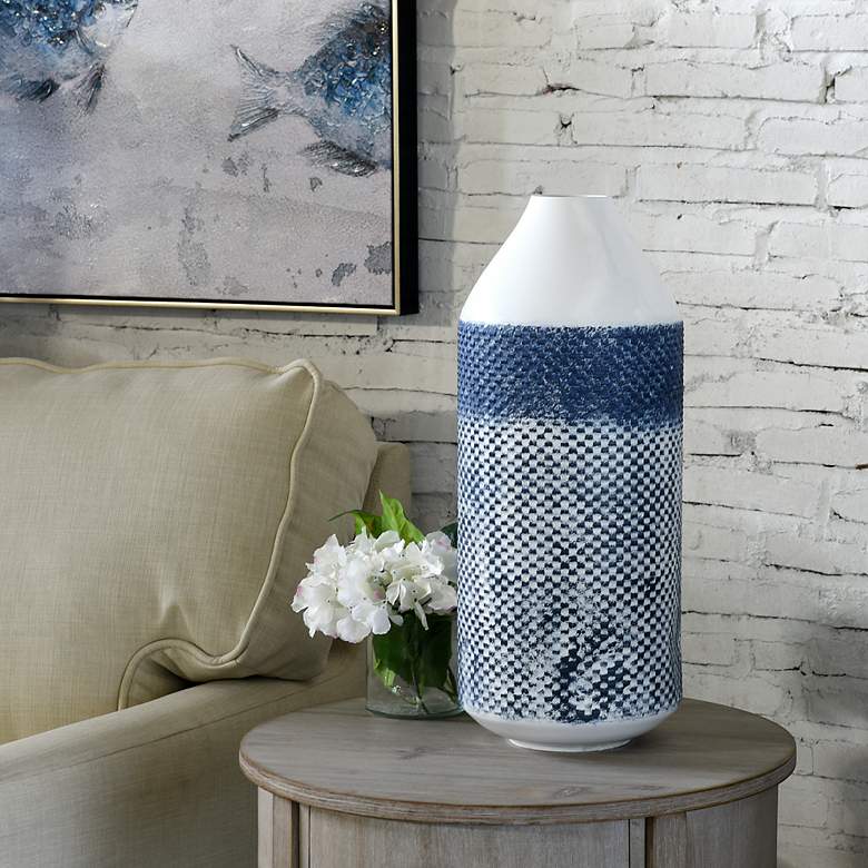 Image 1 Cree - 20" Checkered Cylinder Metal Vase - White and Blue Distressed F