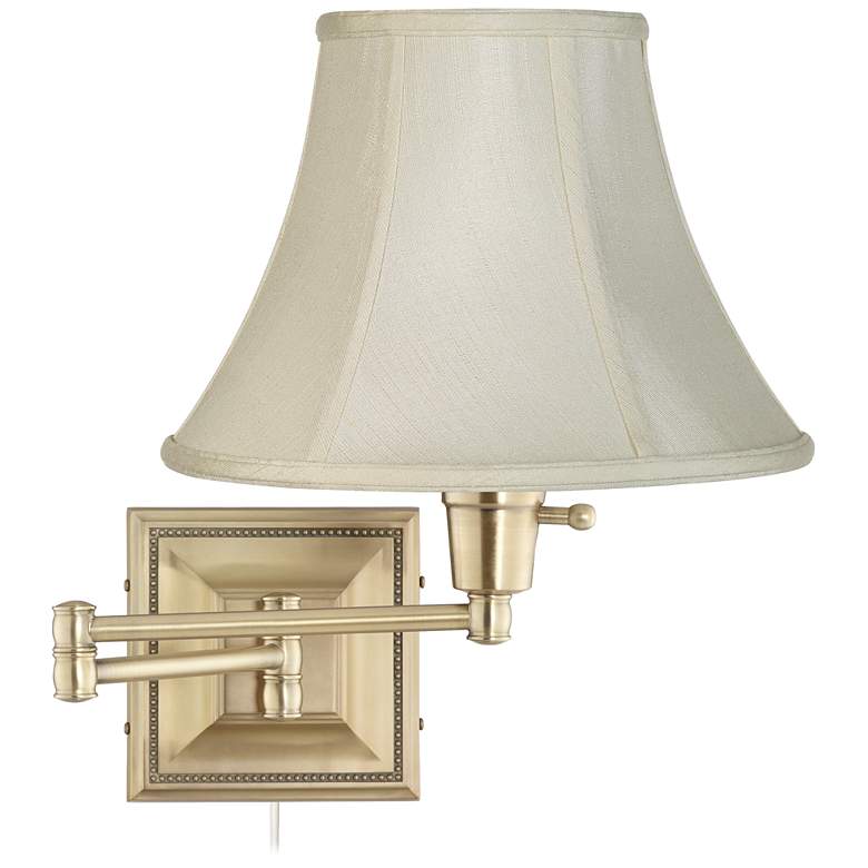 Image 1 Creme Bell Shade Brass Beaded Plug-In Swing Arm Wall Lamp