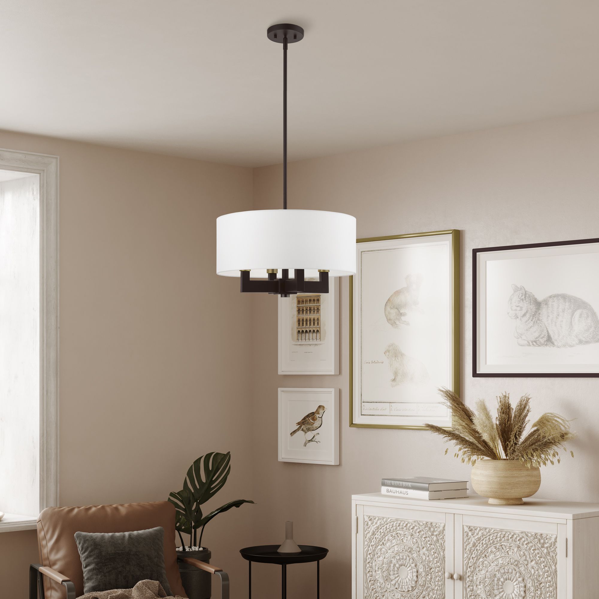 Cresthaven 4 Light Bronze Pendant with Antique Brass Accents