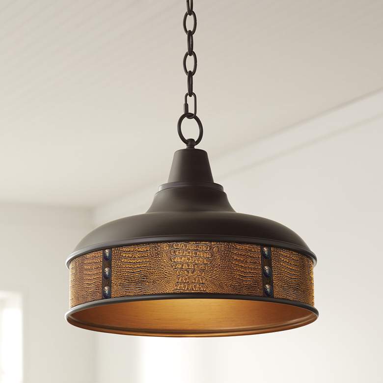 Image 1 Crocodile Faux Leather 15 inch Wide Benson Bronze Pendant Light