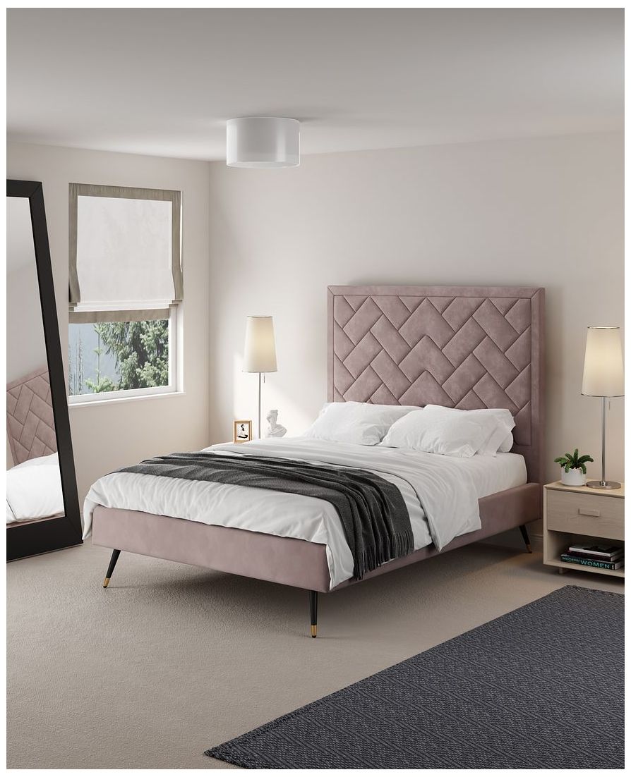 Image 2 Crosby Modern Full- Size Upholstered Velvet Bedframe and Headboard in Blush more views