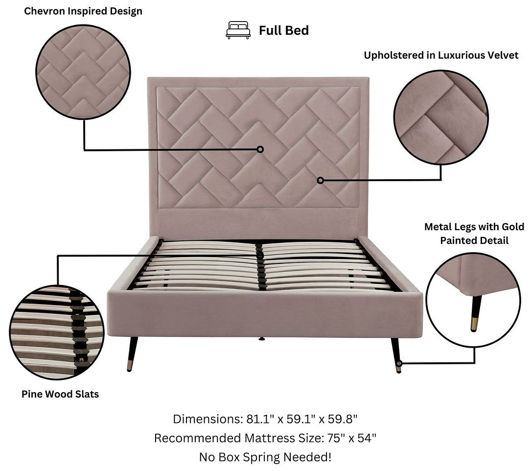 Image 4 Crosby Modern Full- Size Upholstered Velvet Bedframe and Headboard in Blush more views