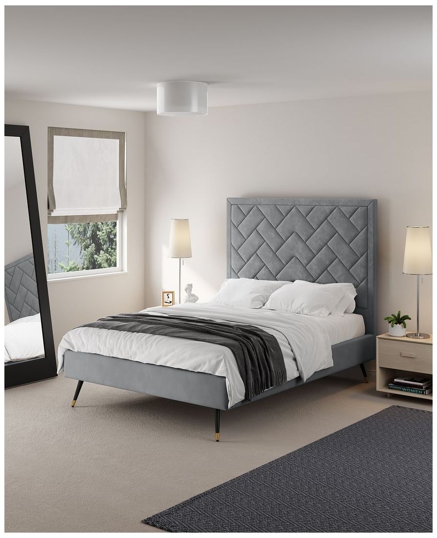 Image 2 Crosby Modern Full- Size Upholstered Velvet Bedframe and Headboard in Grey more views