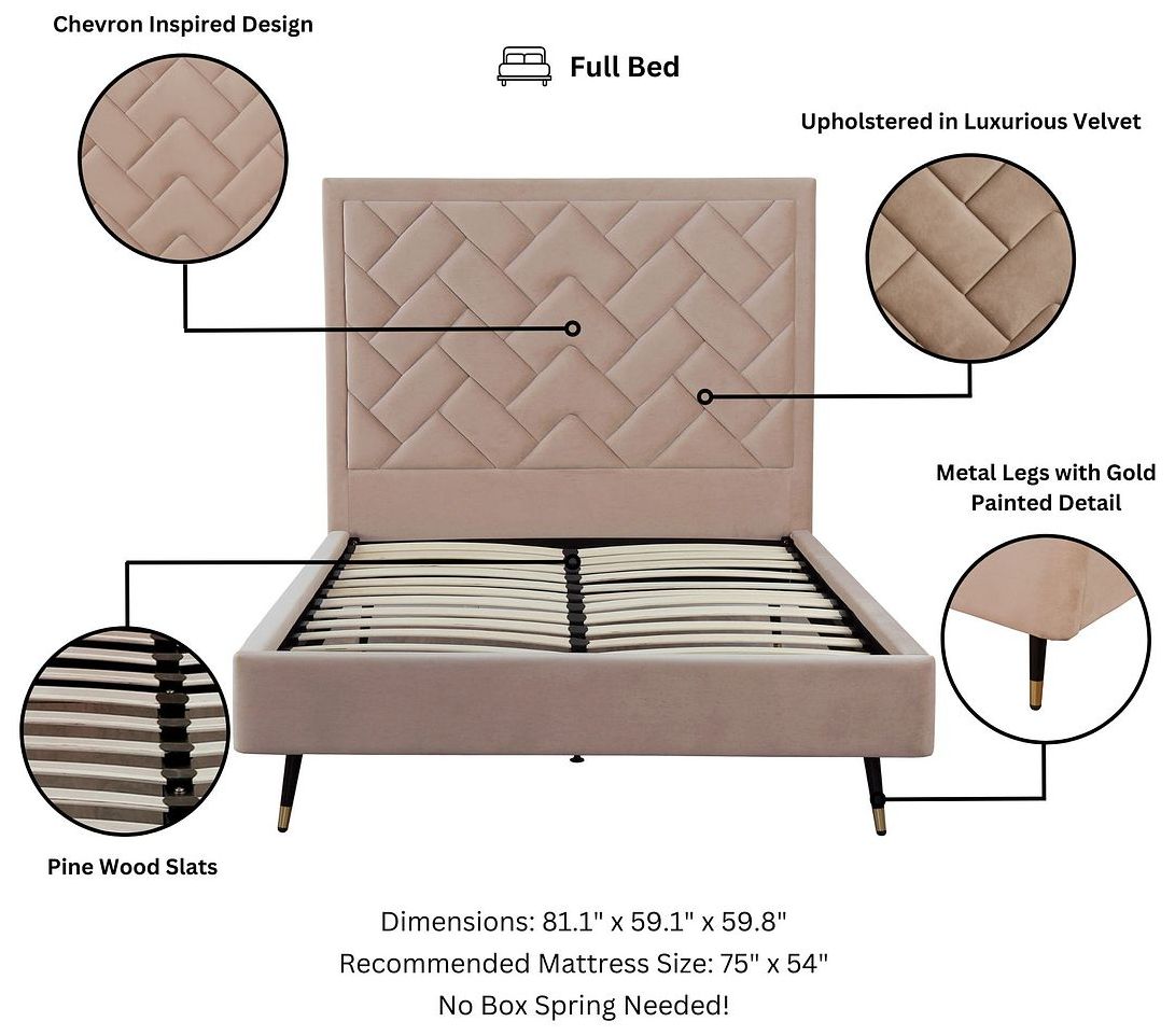 Image 4 Crosby Modern Full- Size Upholstered Velvet Bedframe and Headboard in Nude more views