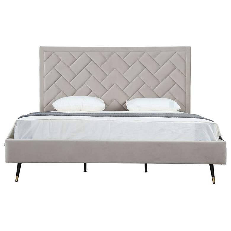 Image 1 Crosby Modern King-Size Upholstered Velvet Bedframe and Headboard in Greige