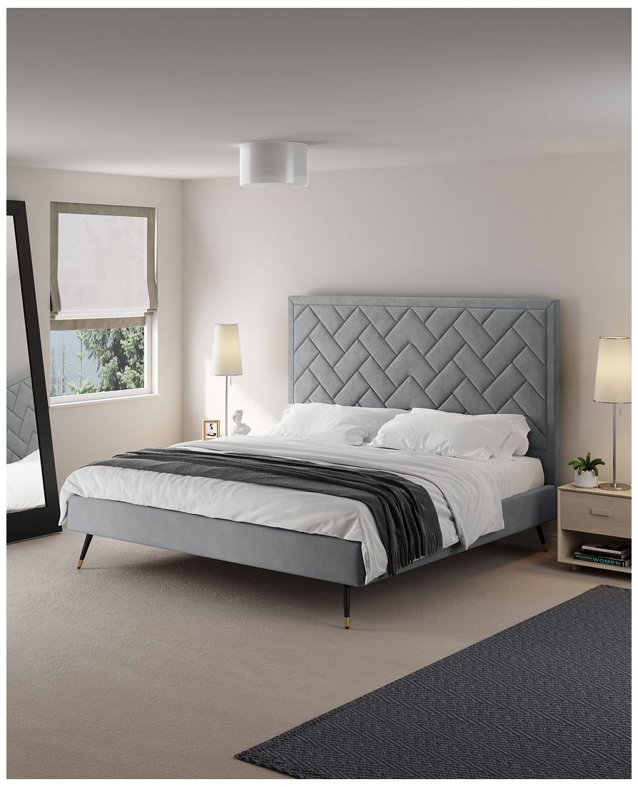 Image 2 Crosby Modern King-Size Upholstered Velvet Bedframe and Headboard in Grey more views