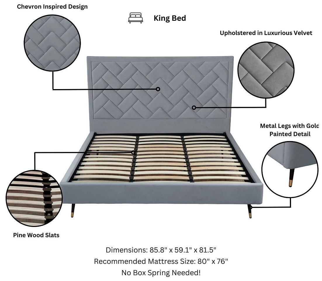 Image 4 Crosby Modern King-Size Upholstered Velvet Bedframe and Headboard in Grey more views