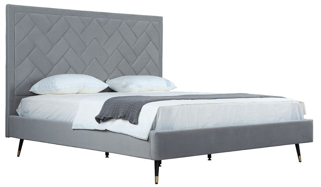 Crosby Modern King-Size Upholstered Velvet Bedframe and Headboard in Grey
