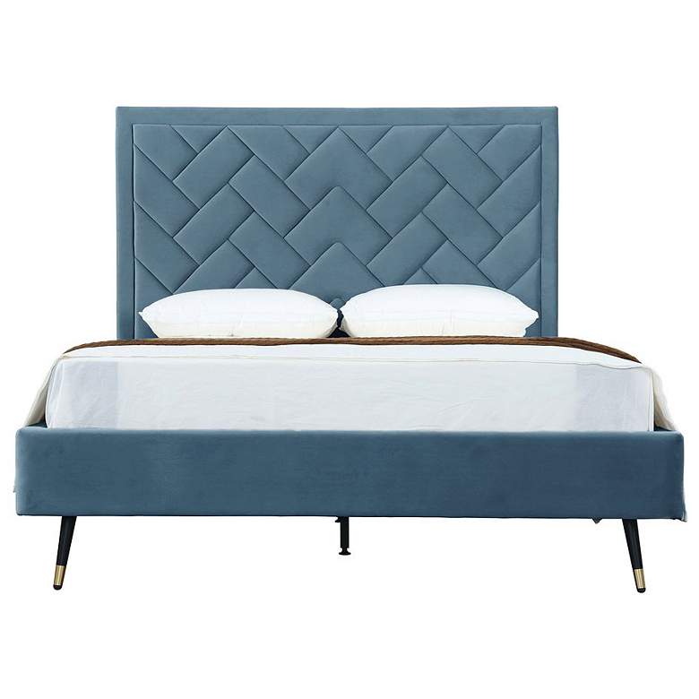 Image 1 Crosby Modern Queen-Size Upholstered Velvet Bedframe and Headboard in Blue